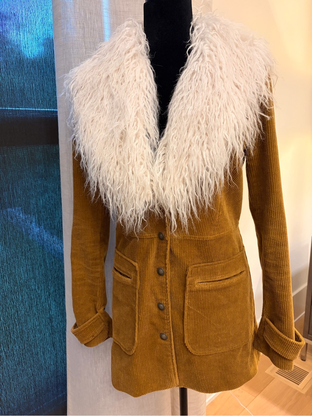 Free People Mustard Corduroy Jacket with Ivory Faux Fur Collar